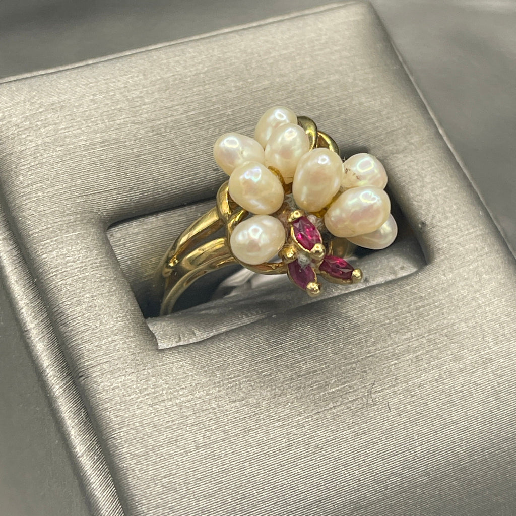 View Two of 10 KARAT YELLOW GOLD WITH FRESHWATER PEARL, RUBY & DIAMOND RING