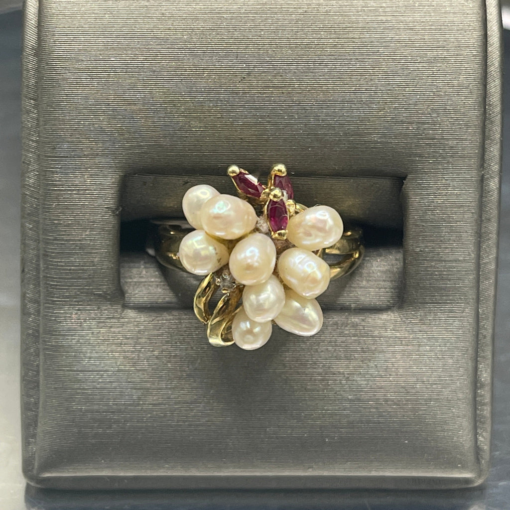 View Three of 10 KARAT YELLOW GOLD WITH FRESHWATER PEARL, RUBY & DIAMOND RING