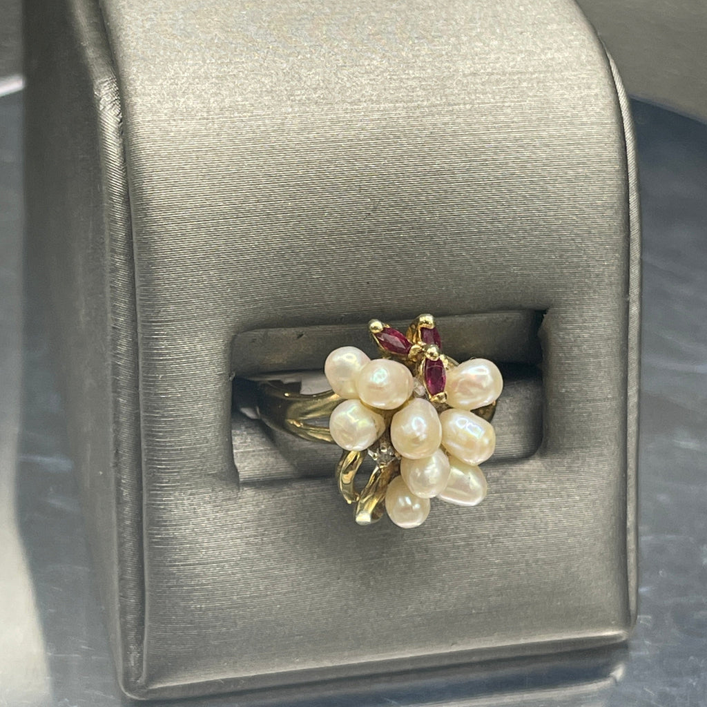 View Four of 10 KARAT YELLOW GOLD WITH FRESHWATER PEARL, RUBY & DIAMOND RING