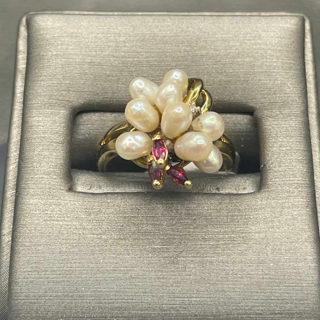  View One of 10 KARAT YELLOW GOLD WITH FRESHWATER PEARL, RUBY & DIAMOND RING