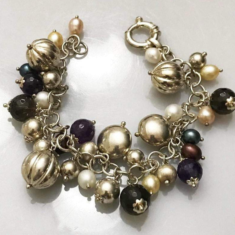 Fabulous Sterling Silver .925 Mixed Bead Colored Pearls Bracelet Made In  Italy