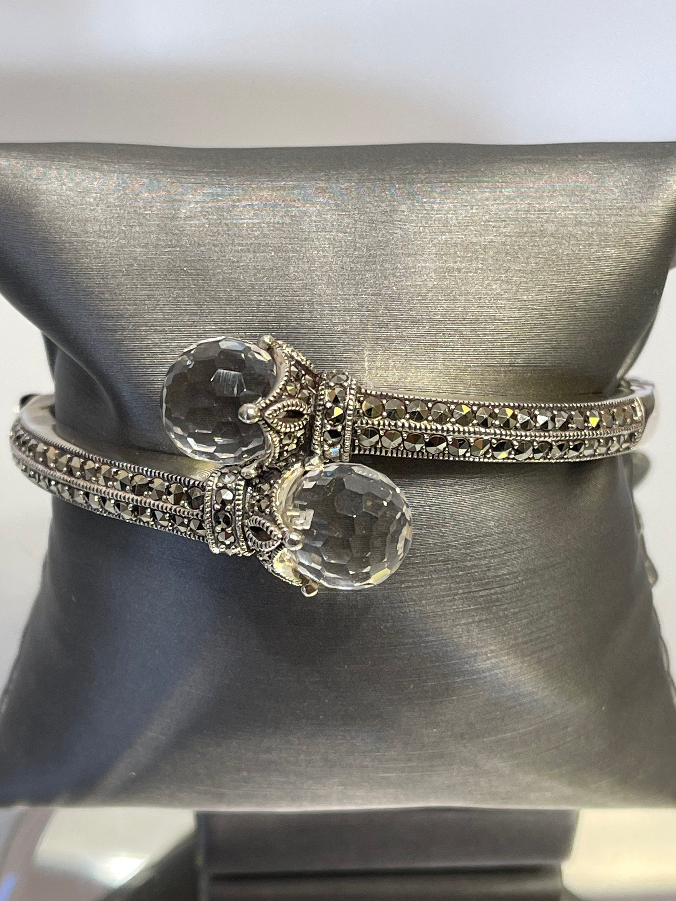 Diamond Ball and Hook Bangle Bracelet in Sterling Silver and